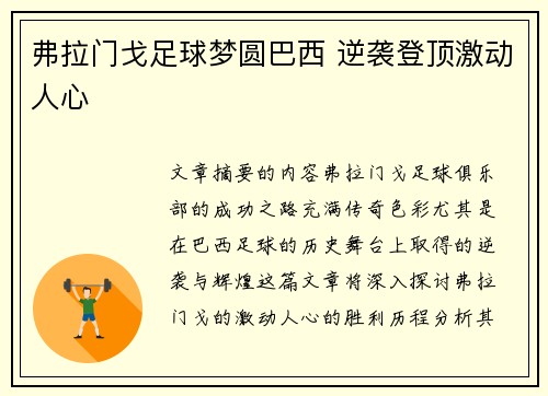 弗拉门戈足球梦圆巴西 逆袭登顶激动人心 弗拉门戈足球梦圆巴西 逆袭登顶激动人心
